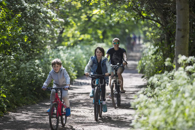 Madre e hijos montar en bicicleta en el sendero del parque soleado - foto de stock