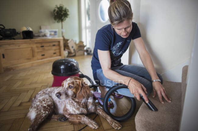 Woman with dog vacuuming carpet on stairs — Stock Photo