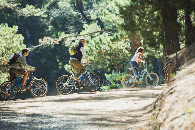 Family bike ridings in woods — Stock Photo