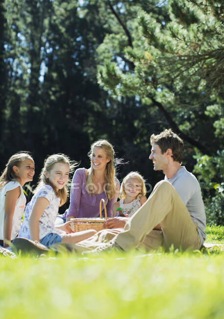 Улыбающаяся семья пикник в траве — стоковое фото