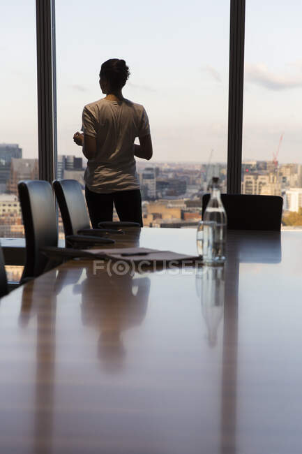Businesswoman standing at highrise office window — Stock Photo