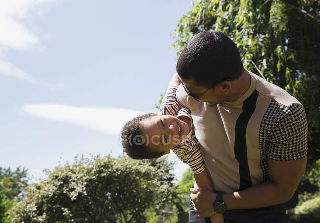 Грайливий батько тримає щасливого сина на сонячному літньому подвір'ї — стокове фото