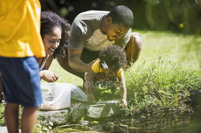 Family playing at edge of sunny summer pond — Stock Photo