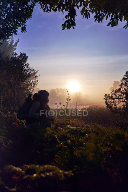 Silueta cariñosa pareja joven disfrutando de la puesta de sol escénica en la naturaleza - foto de stock