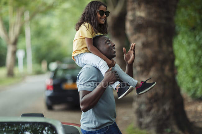 Отец носит дочь на плечах в парке — стоковое фото
