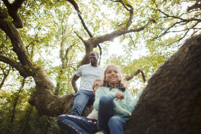 Feliz padre e hijas trepando al árbol - foto de stock