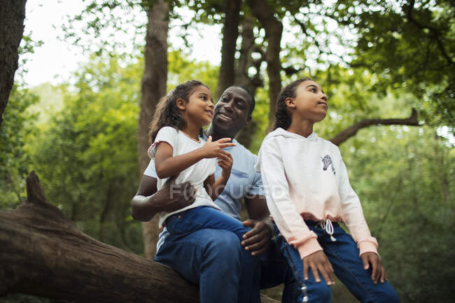 Pai feliz e filhas falando abaixo das árvores na floresta — Fotografia de Stock