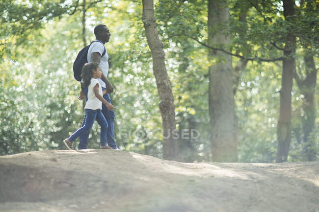 Father and daughter holding hands hiking in sunny summer woods — Stock Photo