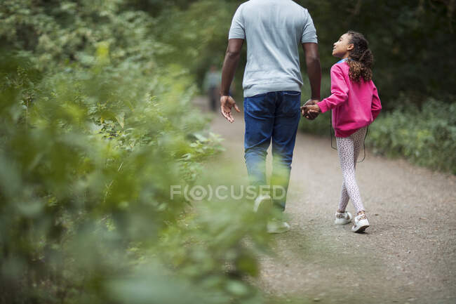 Padre e hija tomados de la mano caminando por el camino en el bosque - foto de stock