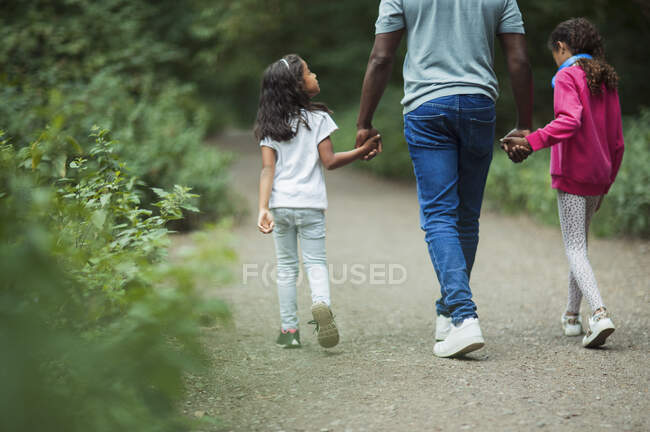 Padre e hijas tomados de la mano caminando por el camino en el parque - foto de stock