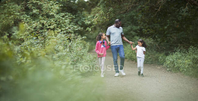 Padre e hijas tomados de la mano en el camino en el parque - foto de stock