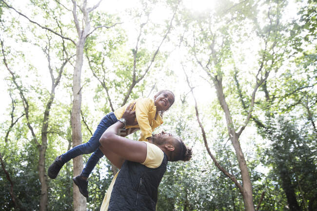 Verspielt sorgenfreier Vater hebt Tochter unter Bäume im sonnigen Park — Stockfoto