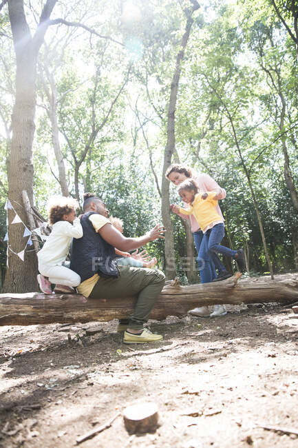 Familia jugando en tronco caído en bosques soleados de verano - foto de stock