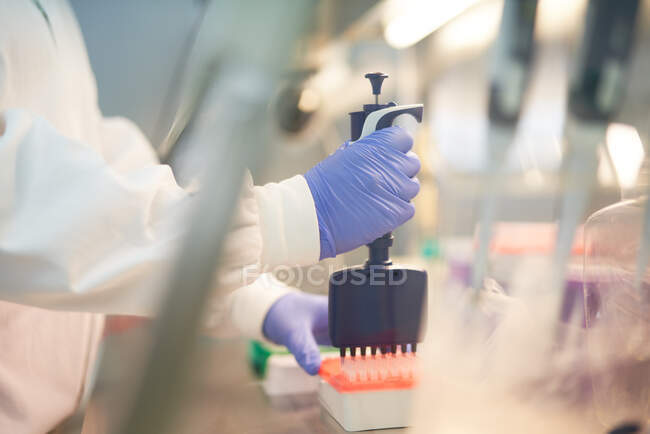 Scienziato in guanti di gomma vassoio pipetta di riempimento in laboratorio — Foto stock