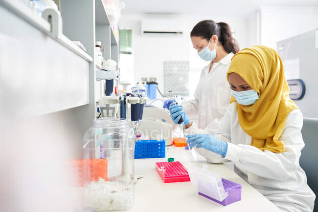 Científicas en máscaras faciales y hijab trabajando en laboratorio - foto de stock