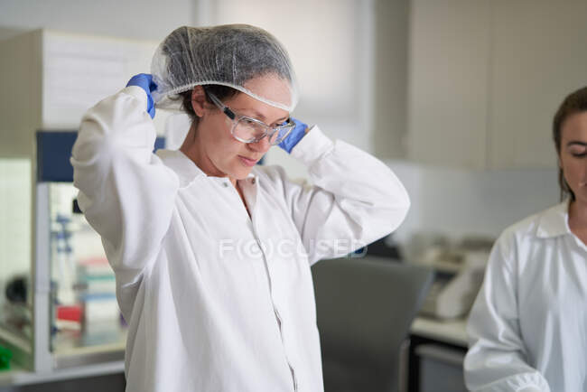 Científica poniéndose una red protectora para el cabello en laboratorio - foto de stock