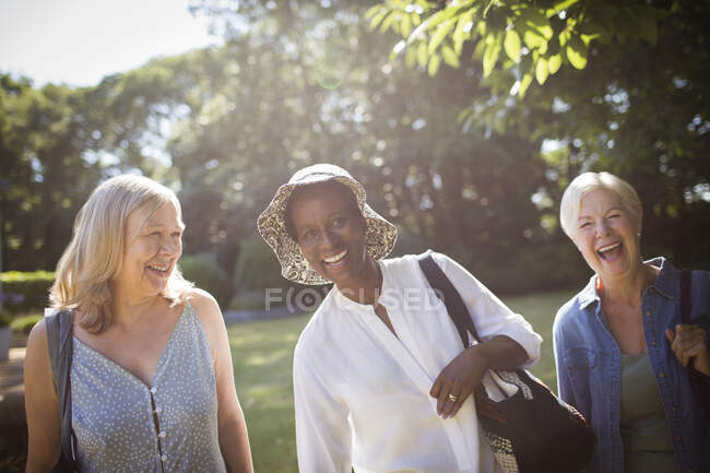Портрет щасливих старших жінок друзів у сонячному літньому саду — стокове фото
