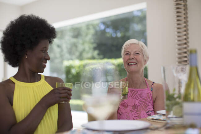 Felice anziane amiche godendo il pranzo — Foto stock