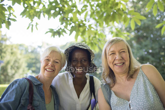 Retrato feliz hermosas mujeres mayores amigos en el parque de verano - foto de stock