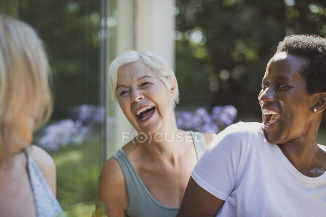 Felices amigas mayores riendo en el patio de verano - foto de stock