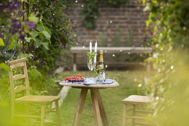 Champagner und rote Johannisbeeren auf idyllischem Gartentisch mit Kerzen — Stockfoto