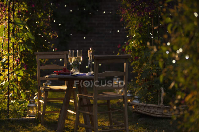 Champagner und rote Johannisbeeren auf idyllischem Sommergartenteller bei Sonnenuntergang — Stockfoto