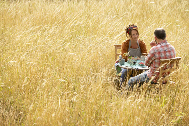 Paar genießt Obst am Tisch in sonnigem Sommerfeld mit hohem Gras — Stockfoto