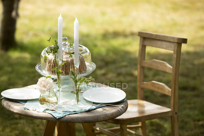 Candelabros y pastel en la mesa de jardín de verano - foto de stock