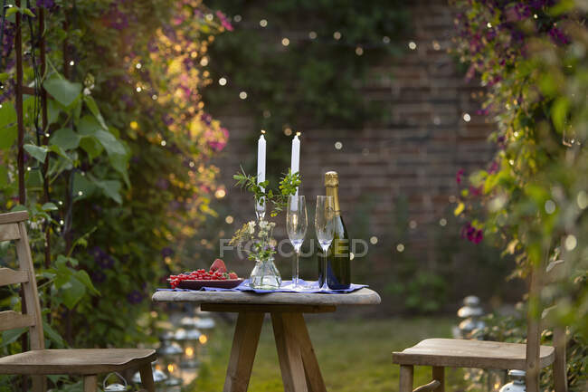 Champanhe e groselhas vermelhas na mesa com velas no jardim idílico — Fotografia de Stock