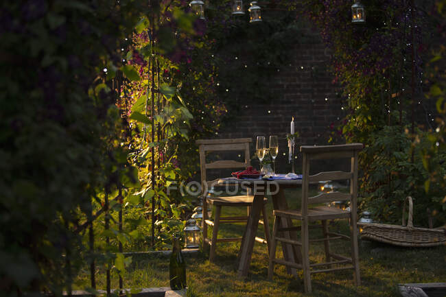 Champán y grosellas rojas en la idílica mesa de jardín de verano - foto de stock