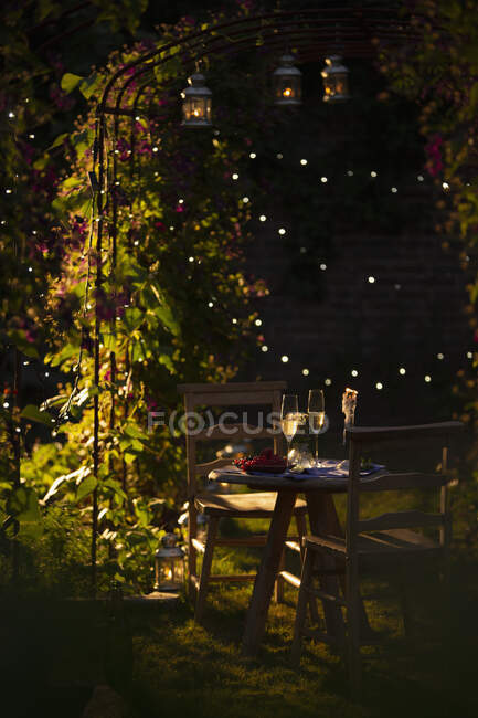 Champanhe e groselhas vermelhas na idílica mesa de jardim de verão ao pôr-do-sol — Fotografia de Stock