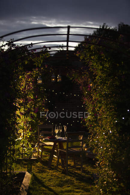 Шампанське на ідилічному літньому садовому столі в сутінках — стокове фото