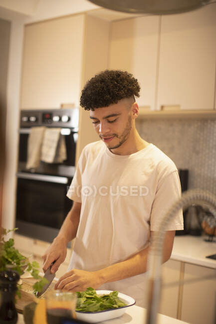 Giovane uomo che cucina tagliando verdure sul bancone della cucina — Foto stock