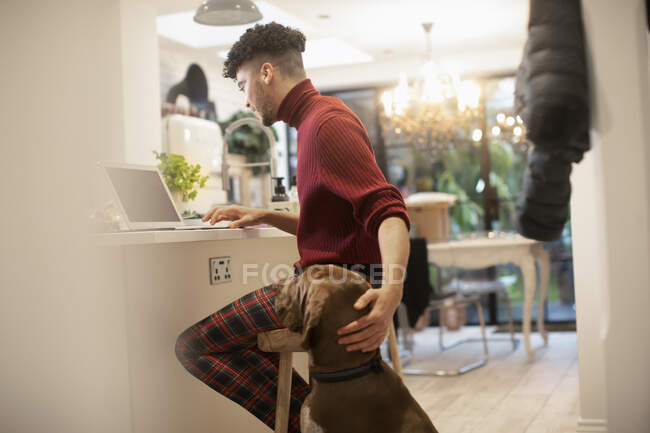 Dog watching young man working from home at laptop in kitchen — Stock Photo