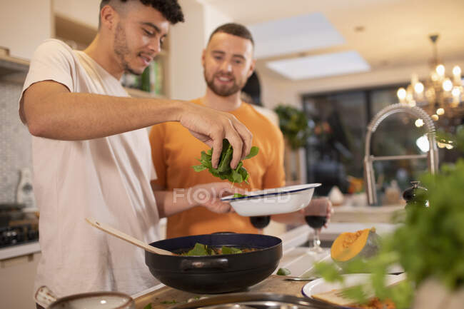 Gay male couple cooking with fresh spinach in kitchen — стоковое фото