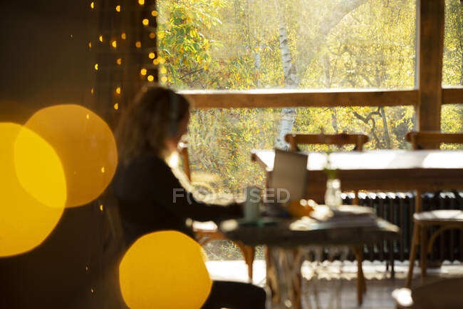Businesswoman working in cafe with window view of autumn trees — Stock Photo