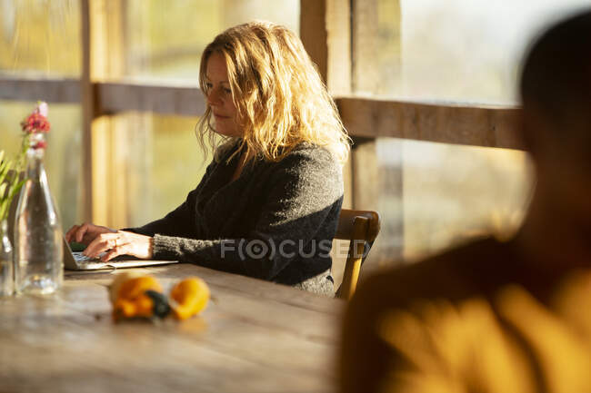 Donna d'affari che lavora al computer portatile nel ristorante soleggiato — Foto stock