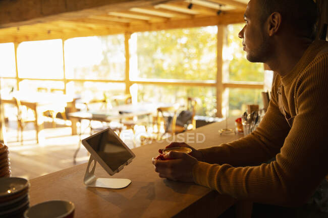 Propriétaire de café masculin réfléchi derrière le comptoir — Photo de stock