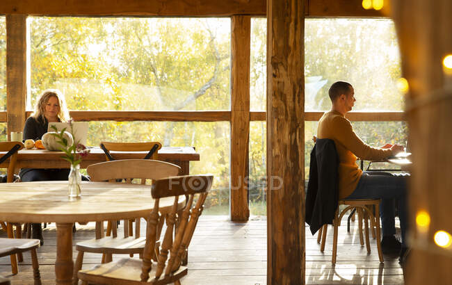 Gente de negocios trabajando en la cafetería soleada de otoño - foto de stock
