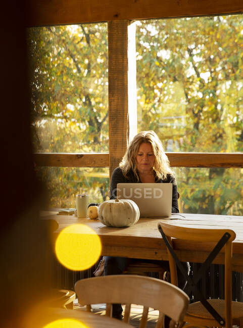 Businesswoman working at laptop in autumn cafe — Stock Photo