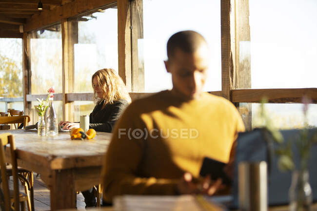 Gente de negocios trabajando en computadoras portátiles en cafetería soleada - foto de stock