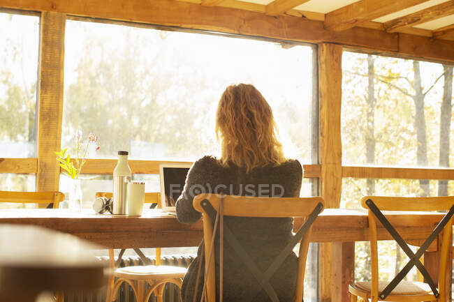 Feminino empresário trabalhando no laptop em restaurante ensolarado — Fotografia de Stock