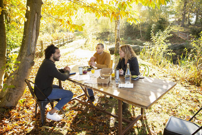 Geschäftsleute treffen sich am Tisch im sonnigen idyllischen Herbstpark — Stockfoto