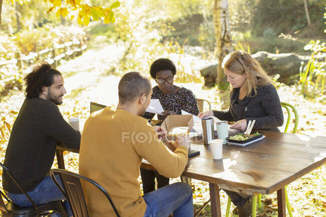 Business people meeting and eating lunch at table in park — Stock Photo