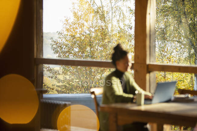 Femme d'affaires travaillant à l'ordinateur portable dans un café d'automne ensoleillé — Photo de stock