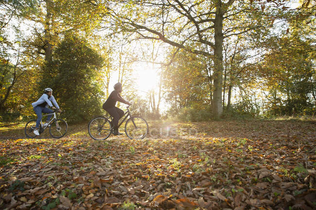 Couple riding bicycles in autumn leaves in sunny sunny park — Stock Photo