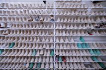 6 de noviembre de 2007. Italia, Veneto, Padua, Louis Vuitton fábrica de zapatos. Stand con diferentes árboles de botas femeninas - foto de stock