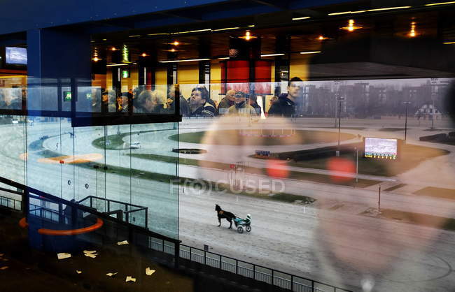 14 gennaio 2010. Milano. Persone riflesse nelle finestre dell'ippodromo — Foto stock