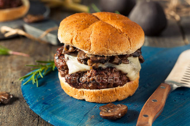 Cogumelo Grassfed caseiro e hambúrguer de queijo suíço — Fotografia de Stock
