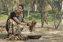 Одягнені Індійська жінка в Сарі збір Висушені листя від землі в залізо Золотий каструлі — стокове фото